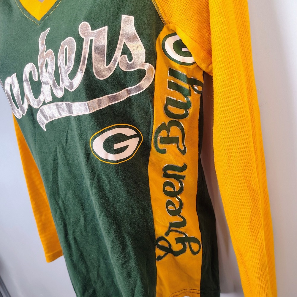 Hands High Green Bay Packers Womens XS V-Neck Long Sleeve Shirt Green Yellow NFL - Picture 3 of 8